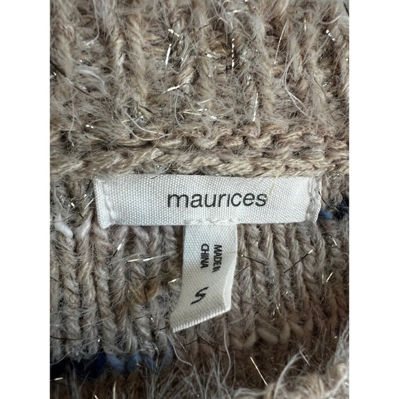 Maurice's Sweater Women's S Small Pullover Beige Blue Crew‎ Neck Silver Tinsel - Picture 6 of 9